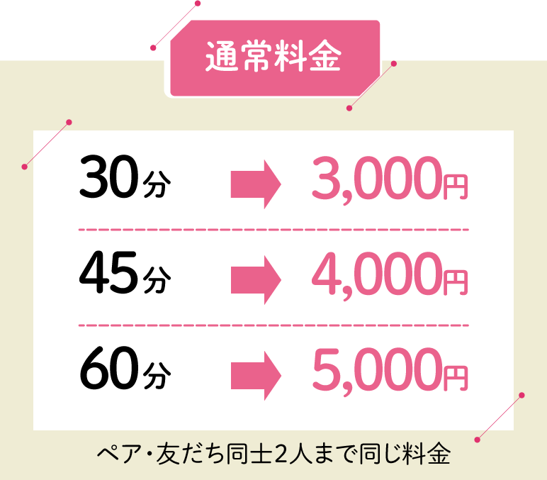 通常料金30分→3,000円、45分→4,000円、60分→5,000円